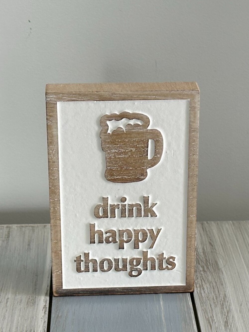 NWT Collins Wood Block Shelf Decor Drink Happy Thoughts Bar Gameroom Beer